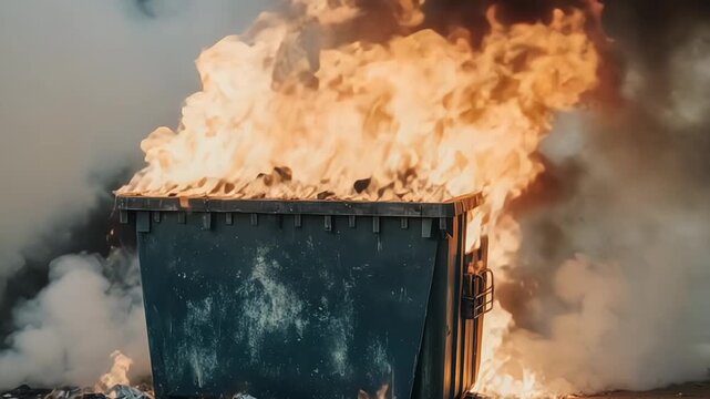 Burning dumpster engulfed in flames with smoke and heat