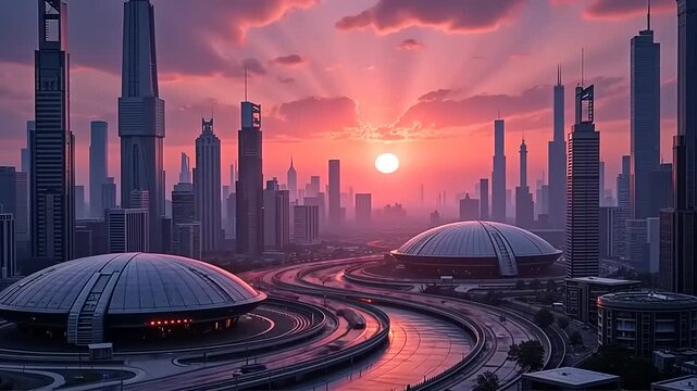 Futuristic cityscape at sunset featuring sleek skyscrapers and elevated highways