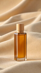 Naklejka premium Elegant Perfume Bottle Presentation Aromatic Fragrance in a Minimalist Design On Soft Cream Colored Fabric