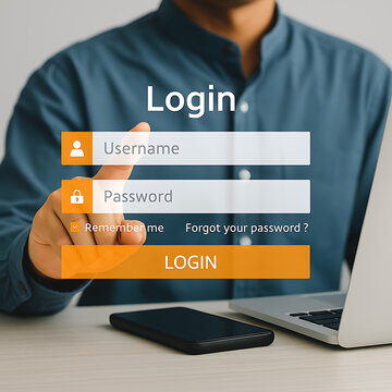 Businessman using laptop to log in with virtual username and password form.
