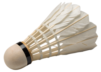 White badminton shuttlecock with wooden base and black band isolated on a transparent background sport
