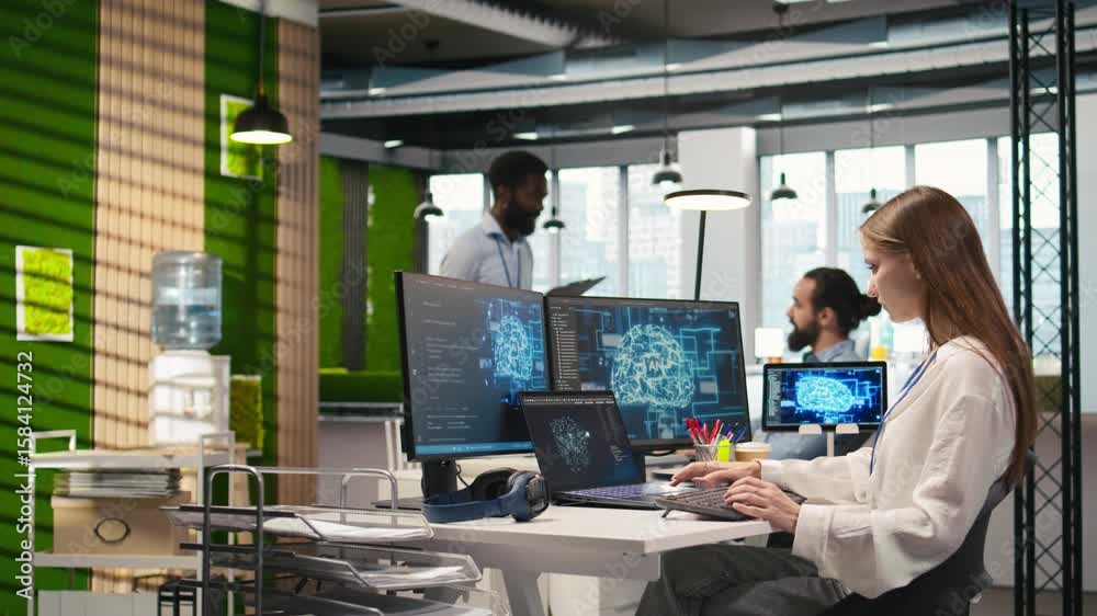 Poster junior dev in office relies on ai tech to run tasks across multiple devices, monitoring progress on 