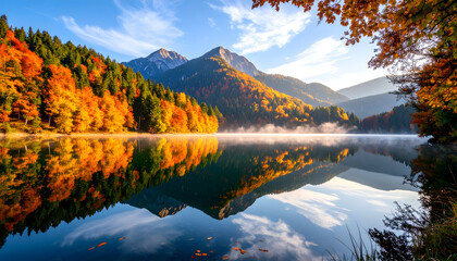 Obraz premium Autumn Lake Reflection in Mountains