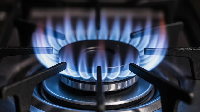Gas stove burner with blue flame providing heat for cooking indoors