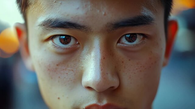 A realistic and colorful portrait of a young man with noticeable freckles, looking directly at the camera. His expression is candid and expressive.