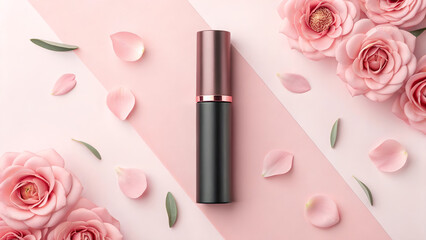 Elegant Pink Cosmetic Product Display with Floral Accents and Soft Lighting