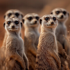 Fototapeta premium Group of meerkats standing upright on alert in a desert habitat
