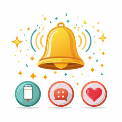 Generate an icon pack for social media UI: notification icon (bell with red dot), like (heart with pulse), and subscribe (play button or ring). Flat design, pastel colors