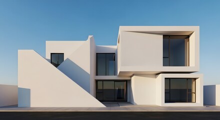 Modern white villa with geometric design, angular facades, and large windows under a clear blue sky.