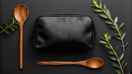 Elevated Black Bag Still Life with Wooden Spoons and Greenery
