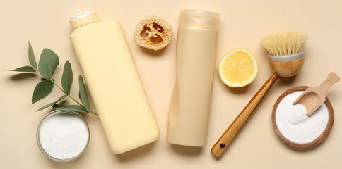 Composition with natural products for cleaning and brush on color background