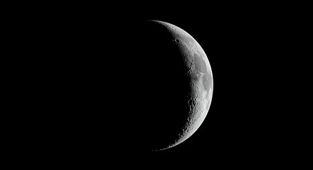 Detailed Crescent Moon Phase Against Black Sky Backdrop Revealing Lunar Surface Features and Texture in High Resolution