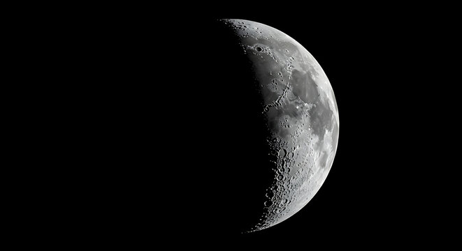 Detailed First Quarter Moon Phase with Visible Craters Against a Black Sky Background for Scientific or Artistic Purposes