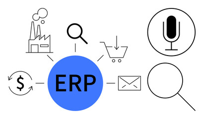 ERP surrounded by factory, magnifying glass, shopping cart, dollar sign, envelope, microphone. Ideal for business management, data integration, automation analysis planning enterprise solutions