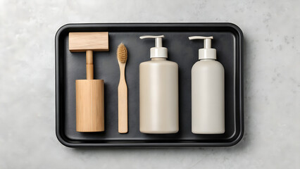 Minimalist Bathroom Essentials on a Black Tray Against Gray Background