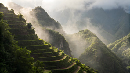Lush Green Terraces in Mist-Shrouded Mountains A Breathtaking Landscape