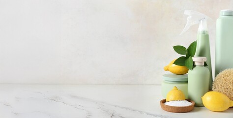 Set of natural cleaning supplies with lemons and soda on light background with space for text