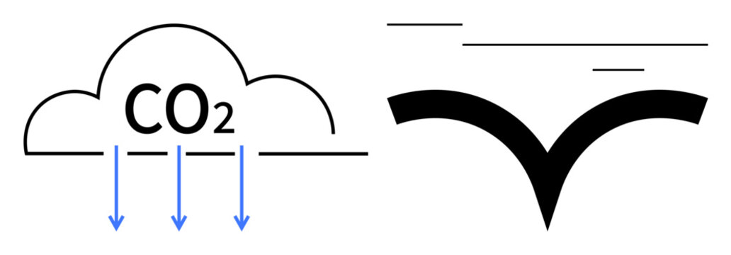 Cloud labeled CO2 with downward arrows indicating emissions alongside a diverging structure. Ideal for environment, climate change, emissions, air quality, sustainability, pollution, global warming