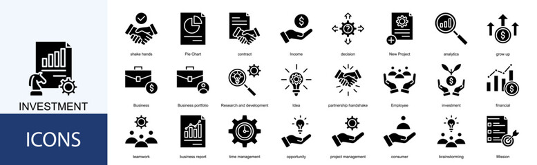 investment icon collection set. Containing contract, Income, decision, New Project, analytics, grow up, Business icon