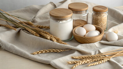 Natural Baking Ingredients on Linen Fabric Still Life Photography