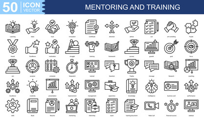 Mentoring and Training icon collection set. Containing Learning, ideas, trust, innovation, Certificate, direction icon