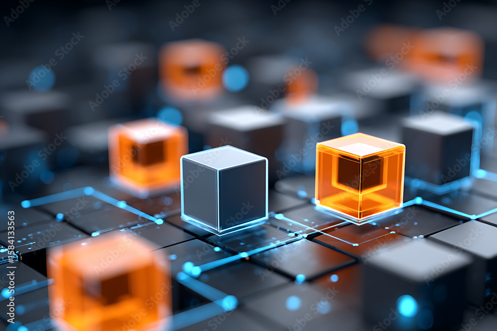 Poster floating cubes create a vibrant digital landscape with glowing connections in a high-tech setting