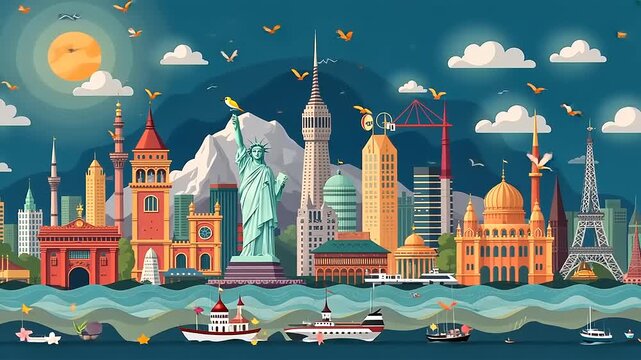 World famous architectural landmarks skyline illustrated, including the Eiffel Tower and the Statue of Liberty