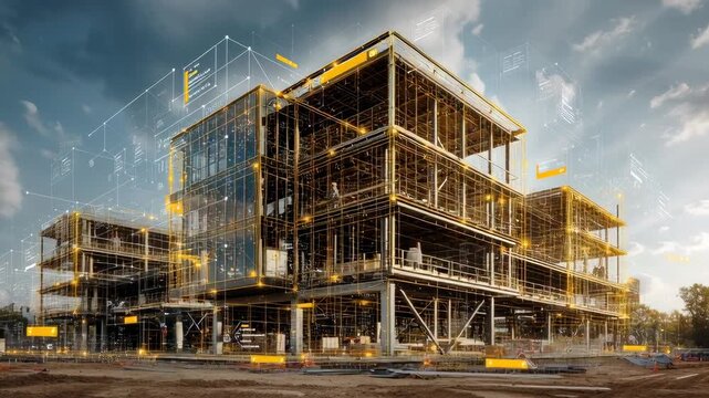 modern building under construction with augmented reality elements overlaying structural data