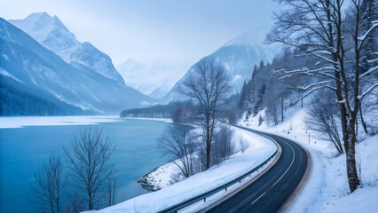 Winter Road along Lake with Snowy Mountains Scenic Vista