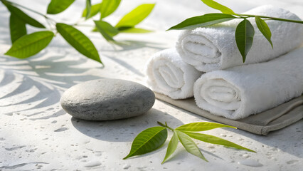 Zen Spa Serenity Still Life with Stone Towels and Green Leaves