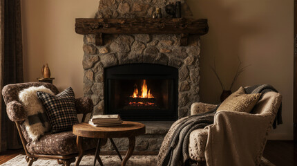 Cozy rustic cabin living room with a stone fireplace and two armchairs with plaid textiles
