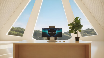 Modern Office Workspace With Panoramic Window Overlooking Lush Green Landscape and Blue Sky