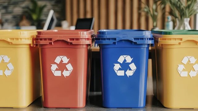 Recycling Bins Arranged Neatly with Recycle Symbol in Office Setting