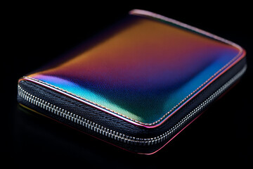Colorful Metallic Wallet Showcasing an Iridescent Finish Against a Dark Background in a Studio Setting