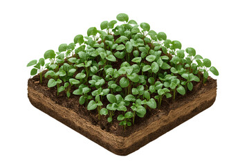 Square basil seedlings sprout in rich soil; farm background