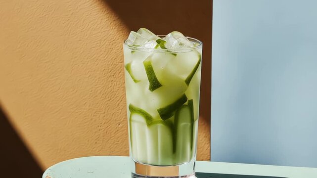 Refreshing green drink with ice and lime served in a tall glass