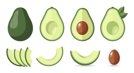 Avocado Assortment: Whole, Halved, Sliced Vector Illustration