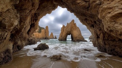 Ocean waves crash through a dramatic sea arch, viewed from inside a natural rock cave along a rugged coastline.