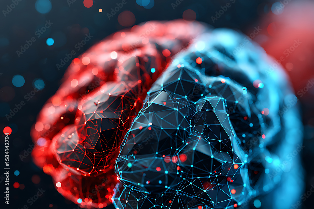 Poster model of a brain created with digital connections representing data flow and neural activity in a fu