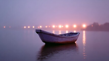 Naklejka premium A weathered wooden boat rests on calm water with distant blurred lights under a twilight sky