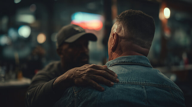 Two men in bar engage in serious conversation, their faces reflecting concern and intensity as they connect on deeper level