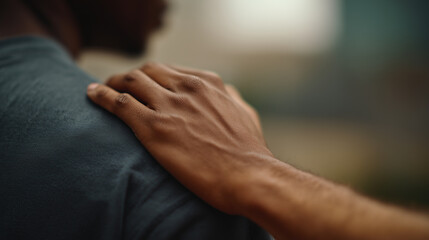 Grief and support. comforting hand is gently placed on shoulder, providing solace and empathy in moment of vulnerability and connection