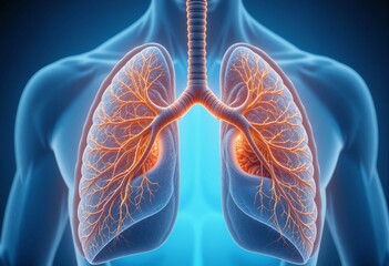 Digital illustration of human lungs with a detailed view of the bronchial network and surrounding muscles highlighting respiratory anatomy.