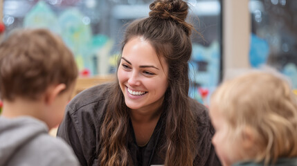 Female childcare franchise owner interacts with children, smiling warmly and creating comforting learning environment filled with joy