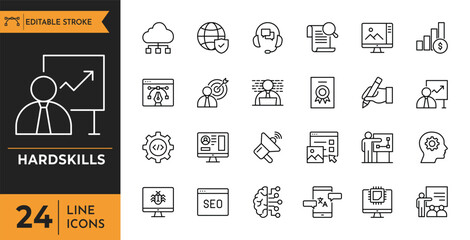 Hardskills icon set. Containing Accounting, coaching, data mining, cloud computing, copywriting, career progress, software, cyber security, and more. Editable stroke. Vector illustration