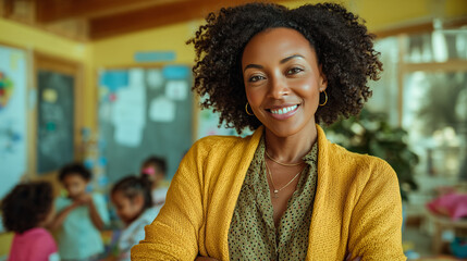 Fototapeta premium African American businesswoman smiles warmly in classroom, radiating joy and confidence as she looks forward to teaching her students