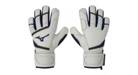 Pair of white and blue mizuno goalkeeper gloves isolated on transparent background