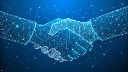 Obraz premium Futuristic digital handshake composed of polygonal lines, dots, and triangles on a blue tech background – modern 3D vector illustration symbolizing connection, partnership, and digital collaboration i