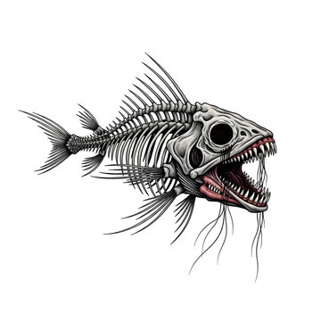 Digital artwork of a stylized skeletal fish with sharp teeth and intricate bone structure against a black background. The fish is rendered in shades of white and grey.