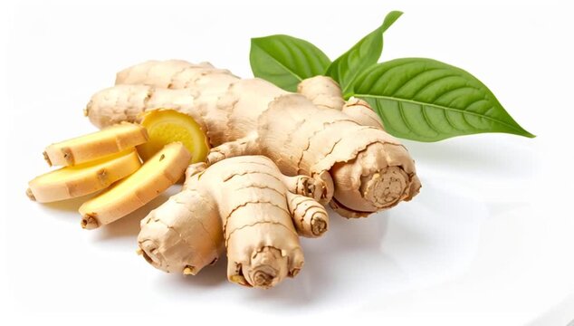 Fresh ginger root and slices with green leaves arranged elegantly, ready to be used in culinary applications